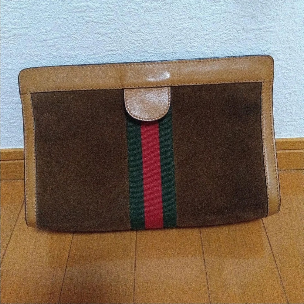 Gucci Brown and Tan Clutch with Red and Green Stripe